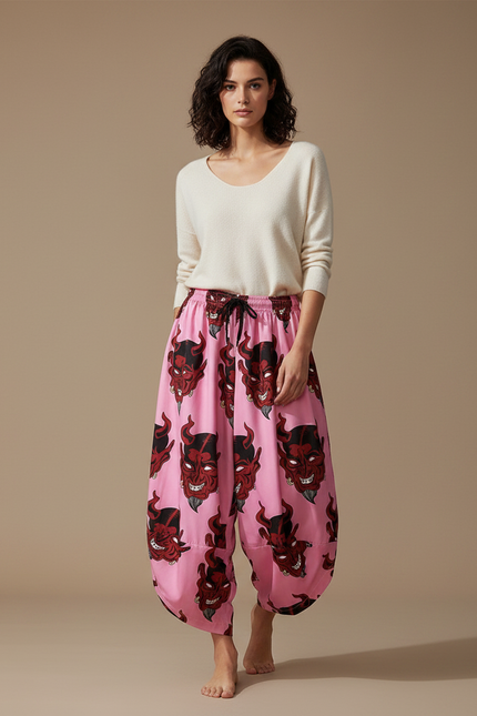 Pantalon Japonais Rose Démon Ample Harem Fluide - Viscose