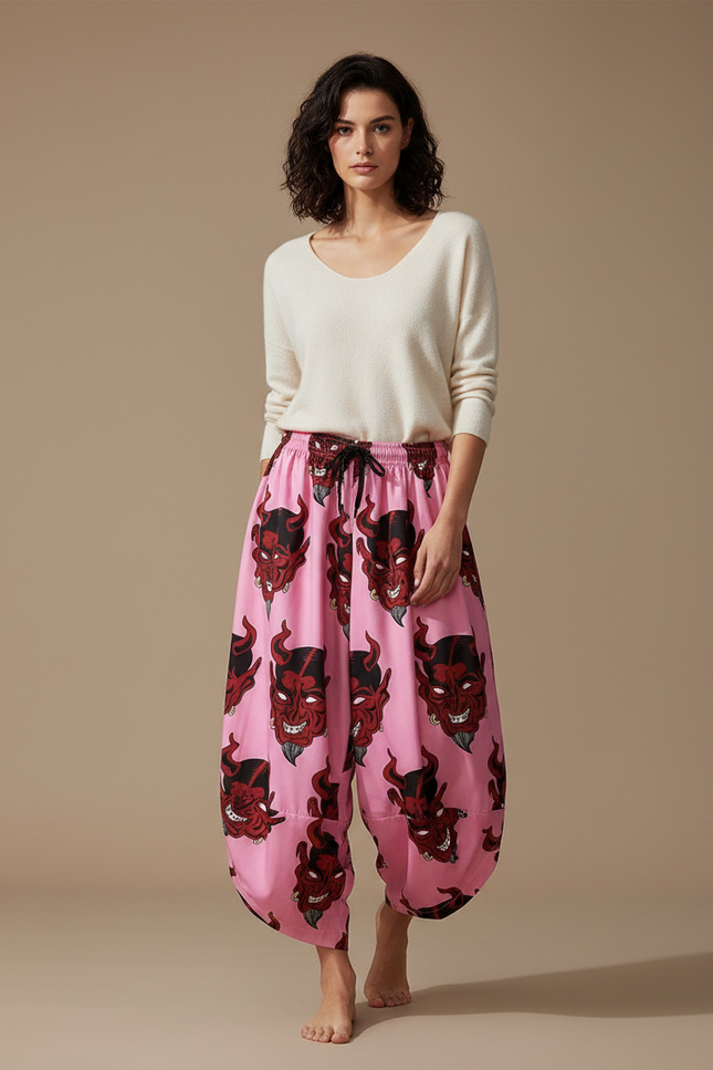Pantalon Japonais Rose Démon Ample Harem Fluide - Viscose