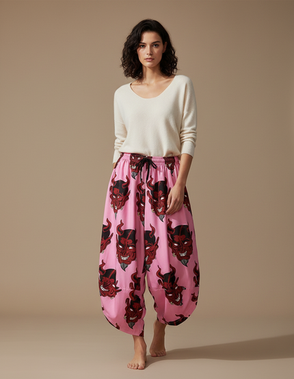 Pantalon Japonais Rose Démon Ample Harem Fluide - Viscose
