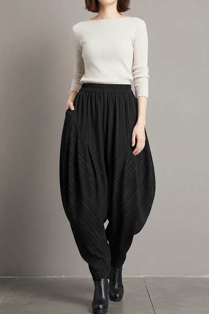 Pantalon Japonais Noir Plissé Ample Femme Rayé - Polyester