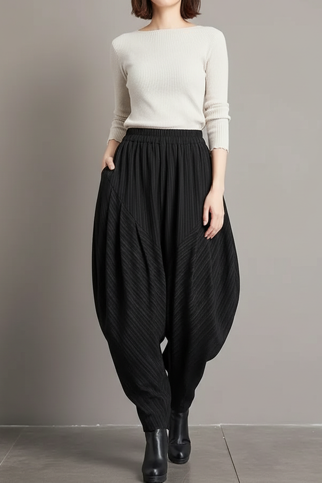Pantalon Japonais Noir Plissé Ample Femme Rayé - Polyester