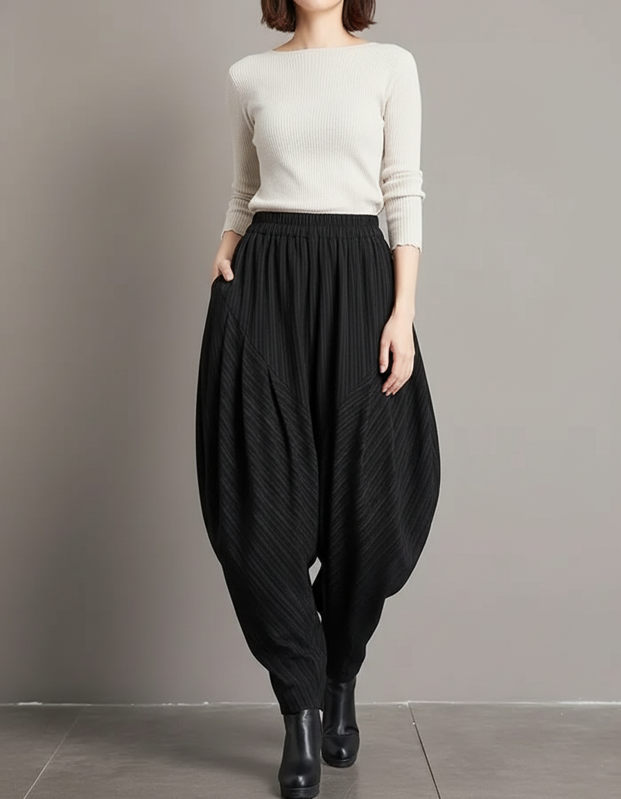 Pantalon Japonais Noir Plissé Ample Femme Rayé - Polyester