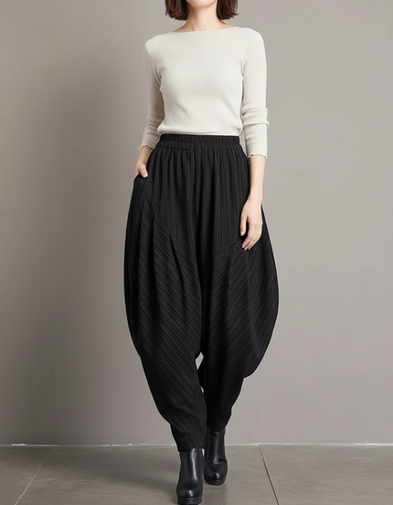 Pantalon Japonais Noir Plissé Ample Femme Rayé - Polyester