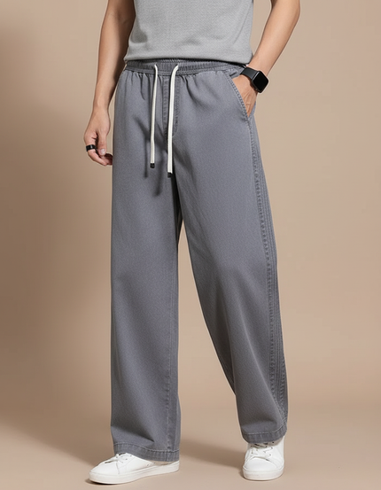 Pantalon Japonais Gris Ample Coton Décontracté Cordon - Jean