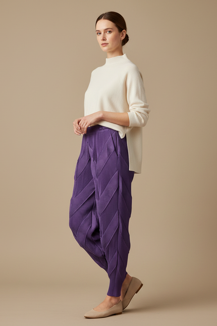 Pantalon Japonais Plissé Violet Texturé Élastique - Polyester
