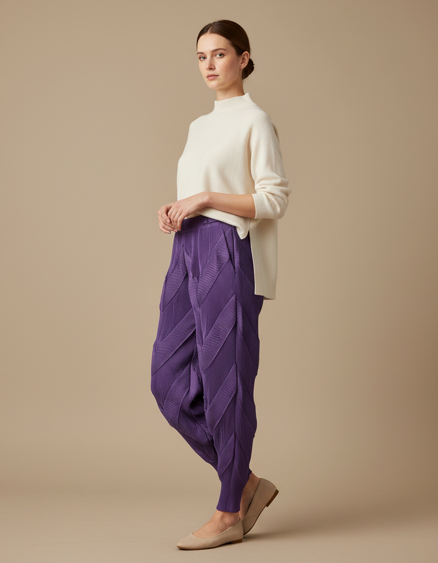 Pantalon Japonais Plissé Violet Texturé Élastique - Polyester