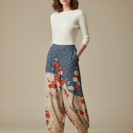 Pantalon Japonais Fleuri Ample Bohème Décontracté - Multicolore Lin