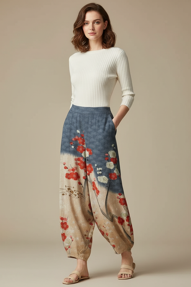 Pantalon Japonais Fleuri Ample Bohème Décontracté - Multicolore Lin