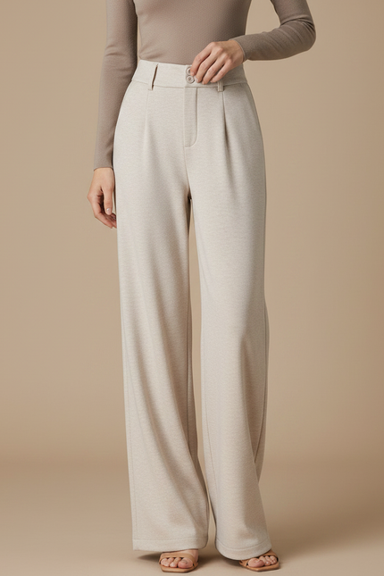 Pantalon Japonais Beige Droit Plissé Taille Haute Fluide - Maille