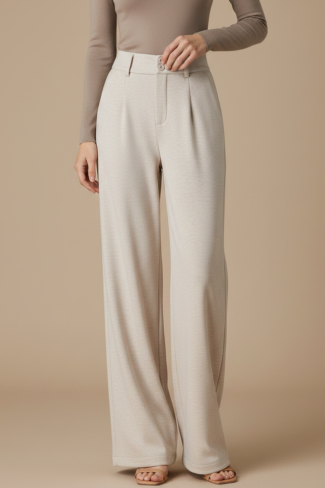 Pantalon Japonais Beige Droit Plissé Taille Haute Fluide - Maille