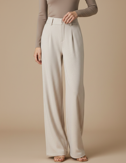 Pantalon Japonais Beige Droit Plissé Taille Haute Fluide - Maille