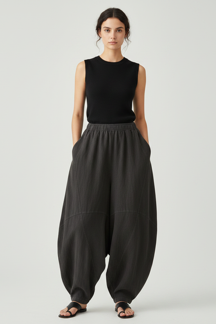 Pantalon Japonais Large Coton Lin Gris Anthracite
