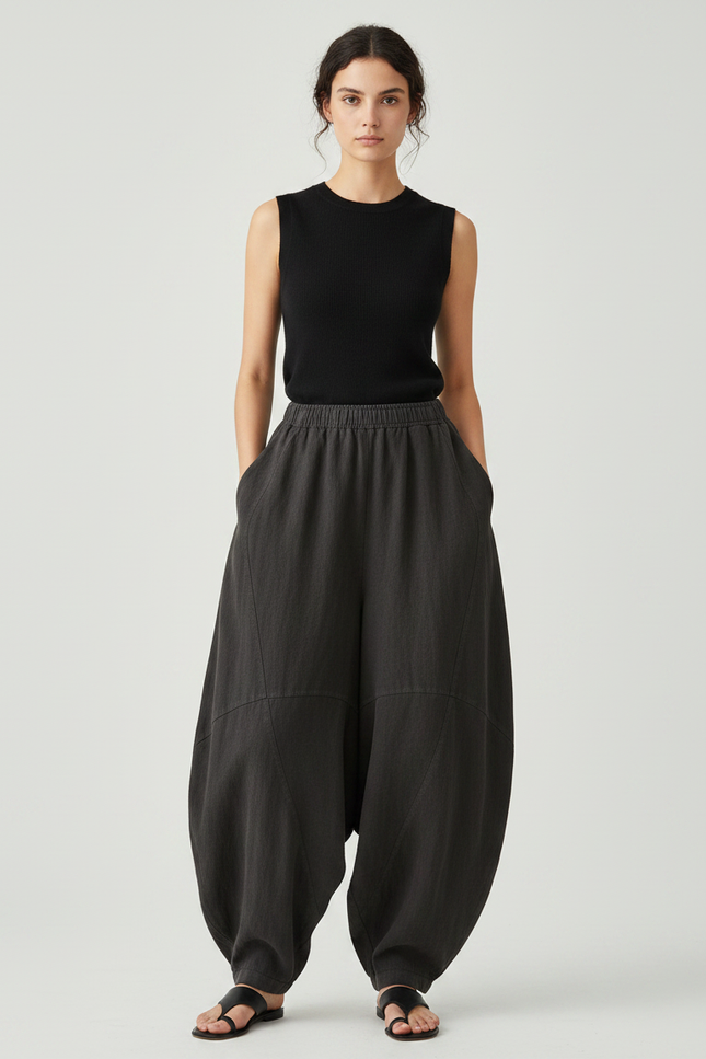 Pantalon Japonais Large Coton Lin Gris Anthracite