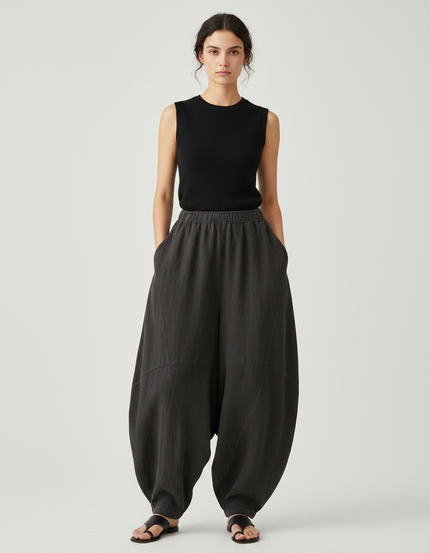 Pantalon Japonais Large Coton Lin Gris Anthracite