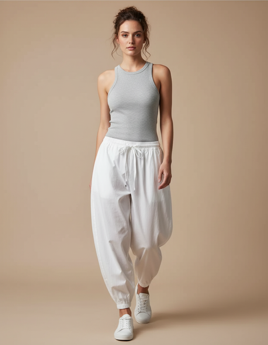 Pantalon Japonais Blanc Ample Coton Décontracté Femme