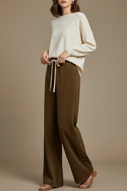 Pantalon Japonais Velours Côtelé Marron Ample Fluide Décontracté - Kaki