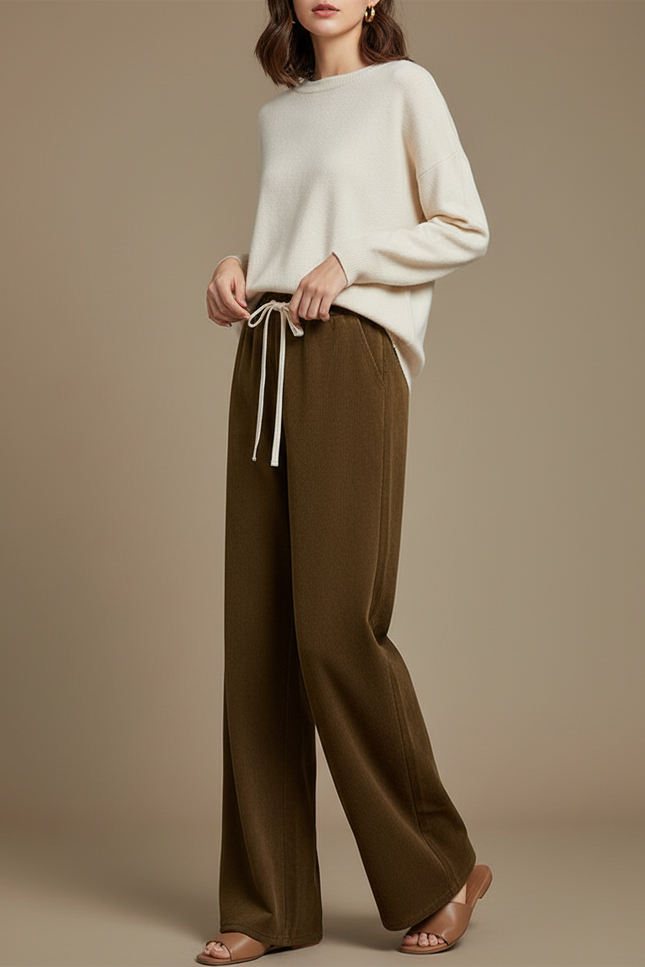 Pantalon Japonais Velours Côtelé Marron Ample Fluide Décontracté - Kaki