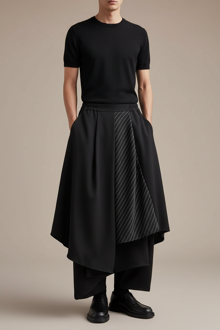 Pantalon Japonais Noir Asymétrique Rayé Plissé Ample - Polyester