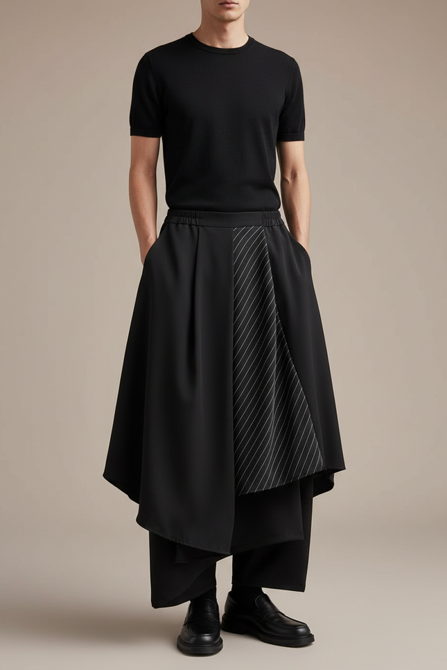 Pantalon Japonais Noir Asymétrique Rayé Plissé Ample - Polyester