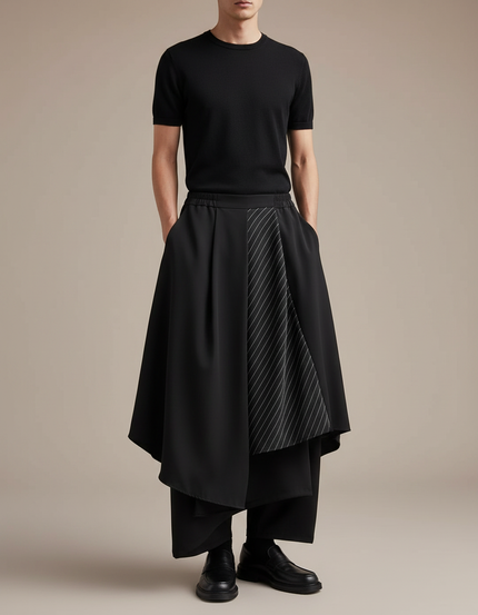 Pantalon Japonais Noir Asymétrique Rayé Plissé Ample - Polyester