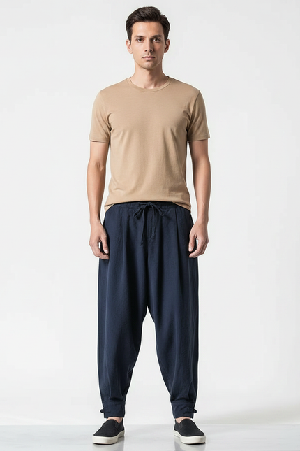 Pantalon Japonais Bleu Marine Ample Coton Confortable - Lin