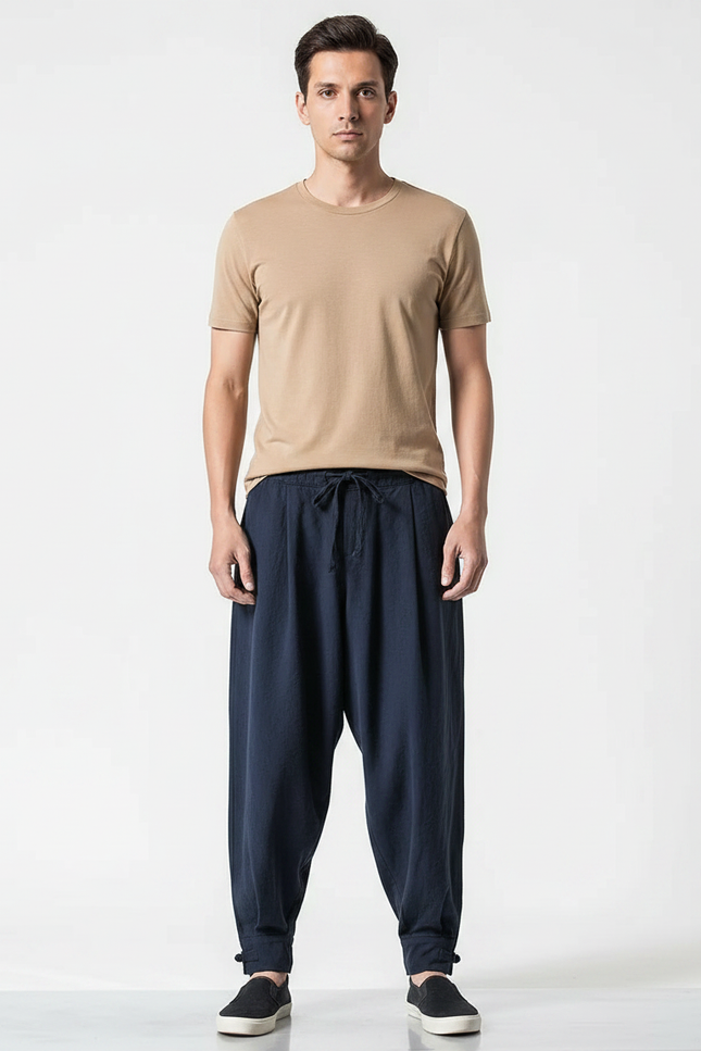 Pantalon Japonais Bleu Marine Ample Coton Confortable - Lin