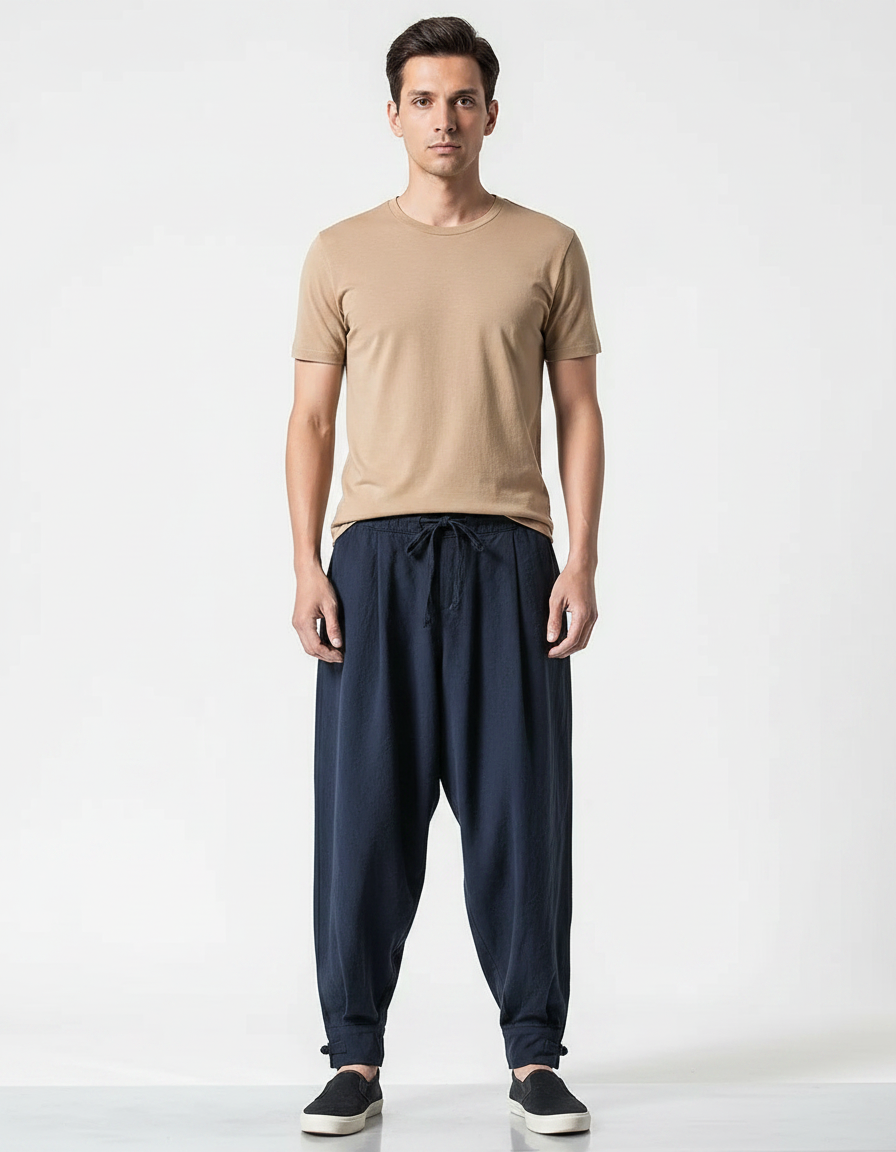 Pantalon Japonais Bleu Marine Ample Coton Confortable - Lin