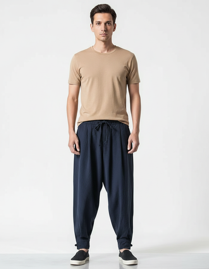 Pantalon Japonais Bleu Marine Ample Coton Confortable - Lin