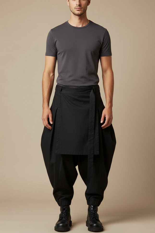 Pantalon Japonais Noir Ample Jupe Streetwear Homme - Toile