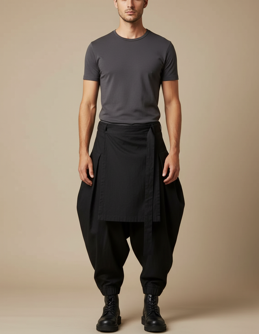 Pantalon Japonais Noir Ample Jupe Streetwear Homme - Toile