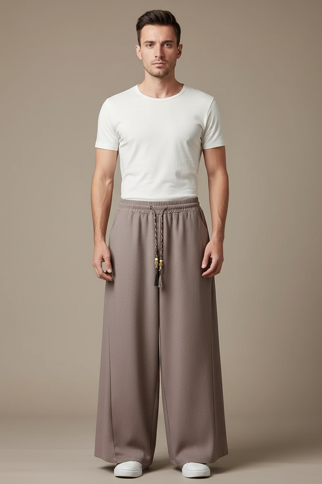Pantalon Japonais Large Fluide Marron Élégant Décontracté - Polyester