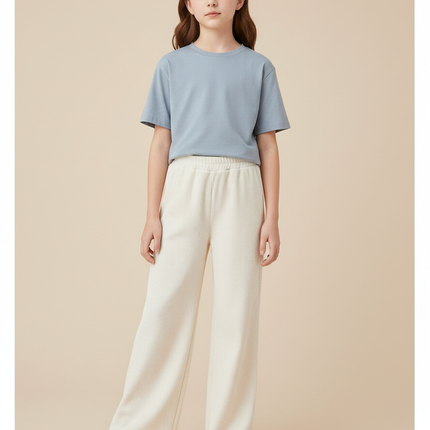Pantalon Japonais Côtelé Crème Ample Fille Décontracté - Beige Cordé