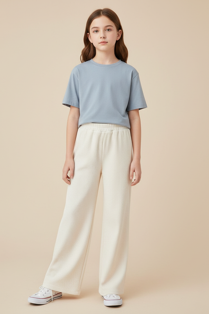 Pantalon Japonais Côtelé Crème Ample Fille Décontracté - Beige Cordé