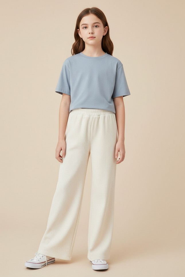 Pantalon Japonais Côtelé Crème Ample Fille Décontracté - Beige Cordé