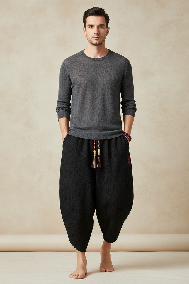 Pantalon Japonais Noir Sarouel Texturé Décontracté Homme - Coton