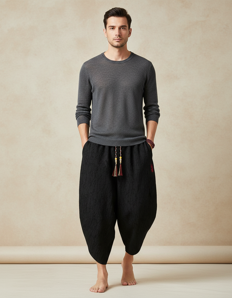 Pantalon Japonais Noir Sarouel Texturé Décontracté Homme - Coton