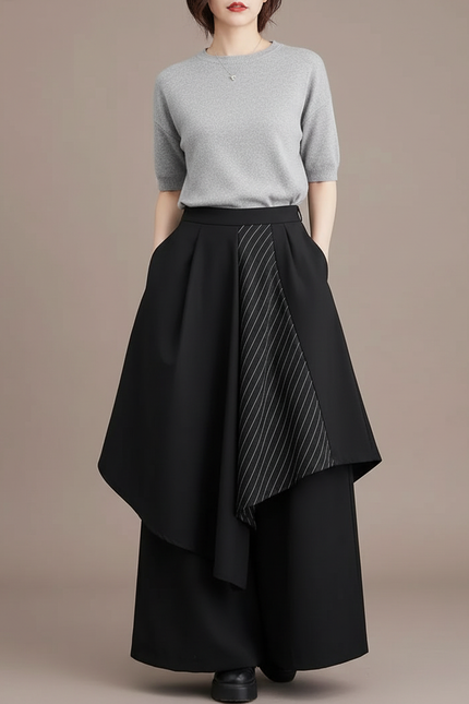 Pantalon Japonais Noir Asymétrique Rayé Fluide Ample - Polyester