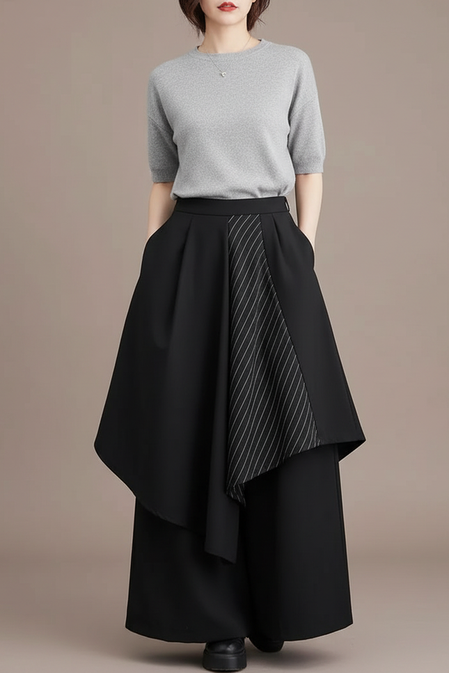 Pantalon Japonais Noir Asymétrique Rayé Fluide Ample - Polyester