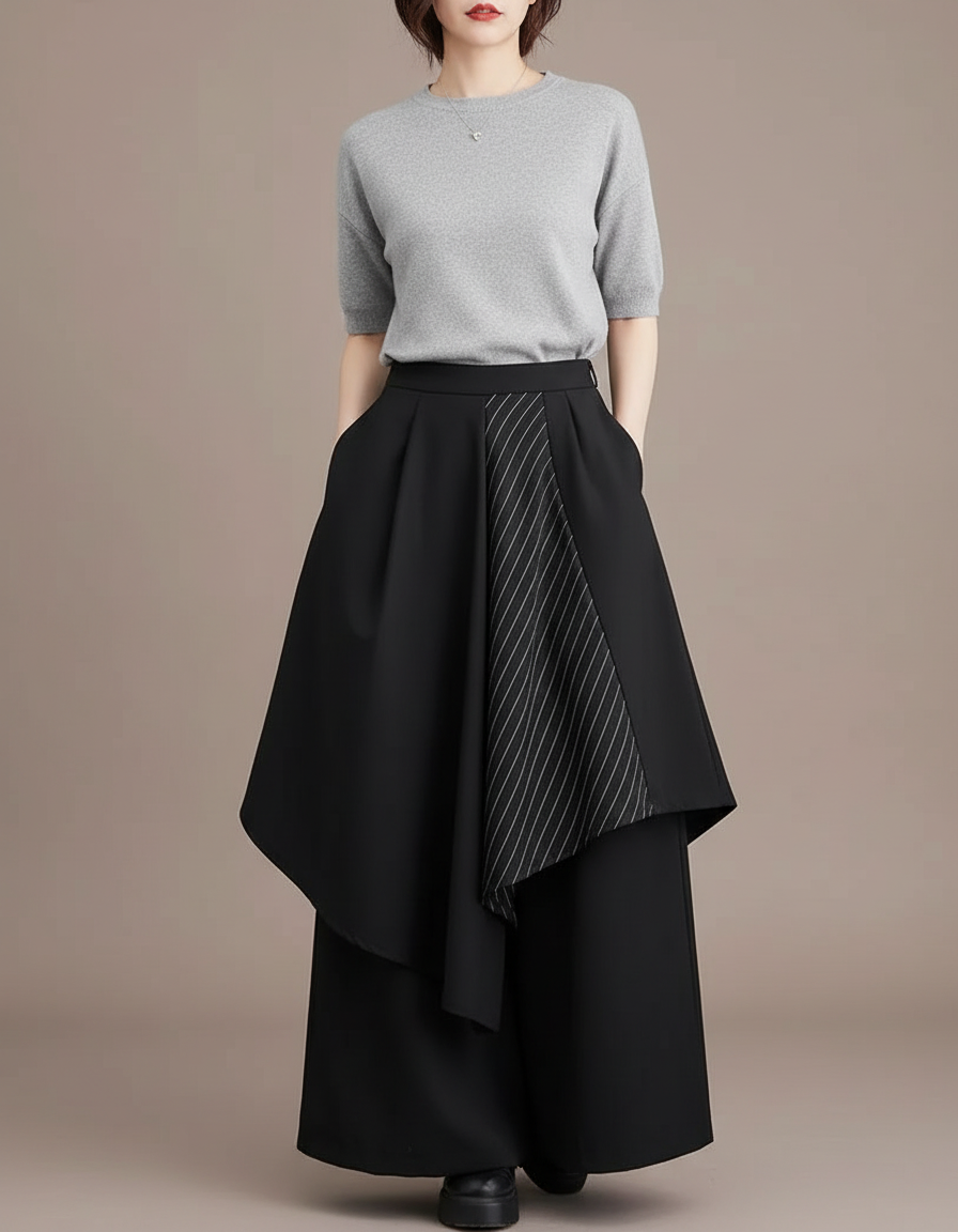 Pantalon Japonais Noir Asymétrique Rayé Fluide Ample - Polyester