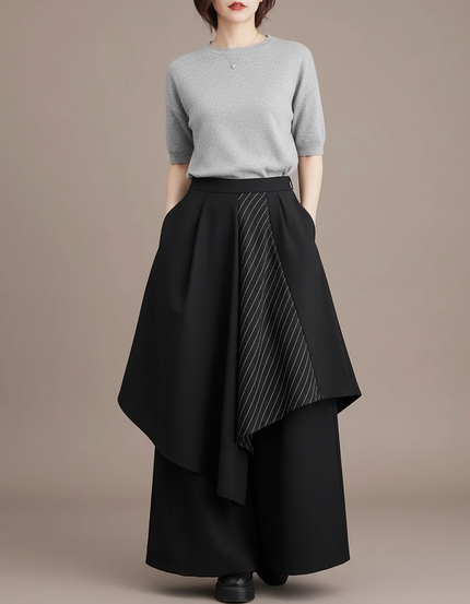 Pantalon Japonais Noir Asymétrique Rayé Fluide Ample - Polyester