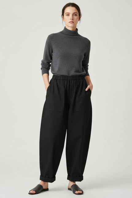 Pantalon Japonais Noir Ample Fluide Élastique Décontracté Femme - Viscose