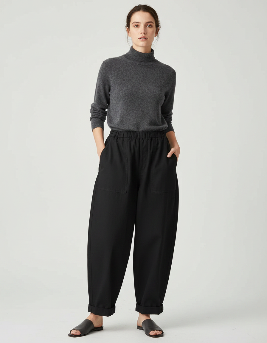 Pantalon Japonais Noir Ample Fluide Élastique Décontracté Femme - Viscose
