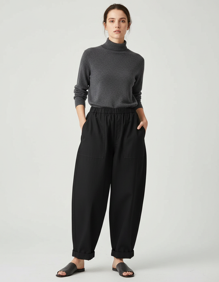 Pantalon Japonais Noir Ample Fluide Élastique Décontracté Femme - Viscose