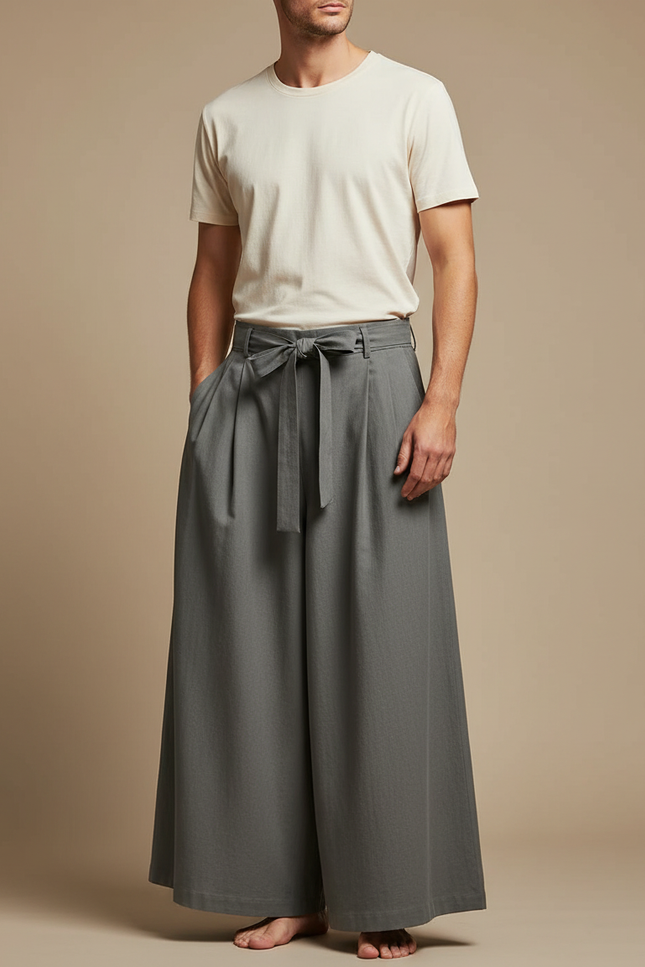 Pantalon Japonais Gris Ample Ceinturé Casual Homme - Gabardine