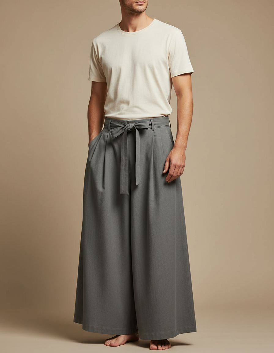 Pantalon Japonais Gris Ample Ceinturé Casual Homme - Gabardine