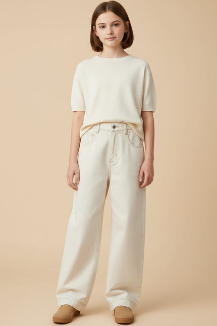 Pantalon Japonais Blanc Cassé Denim Ample Droit - Beige Jean
