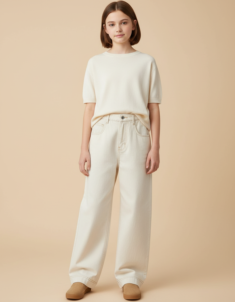 Pantalon Japonais Blanc Cassé Denim Ample Droit - Beige Jean