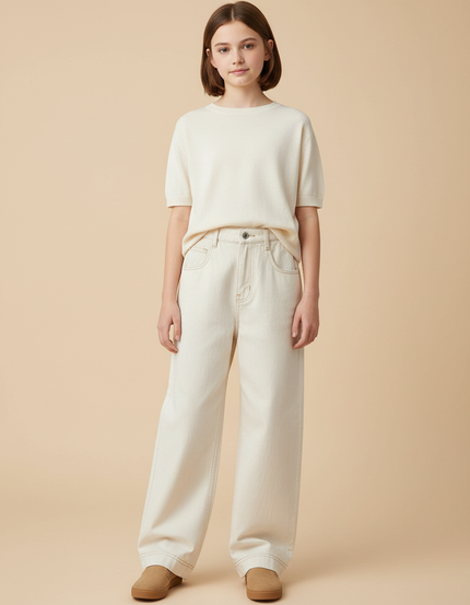 Pantalon Japonais Blanc Cassé Denim Ample Droit - Beige Jean
