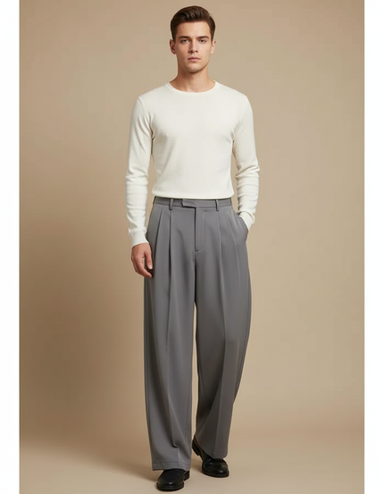 Pantalon Japonais Gris Plissé Ample Décontracté Homme - Polyester