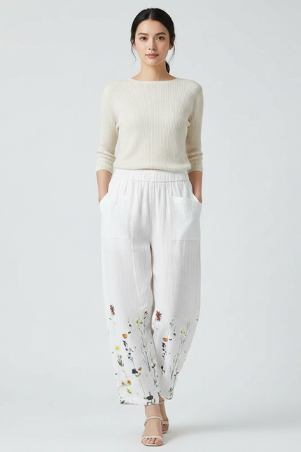 Pantalon Japonais Lin Blanc Ample Floral Femme